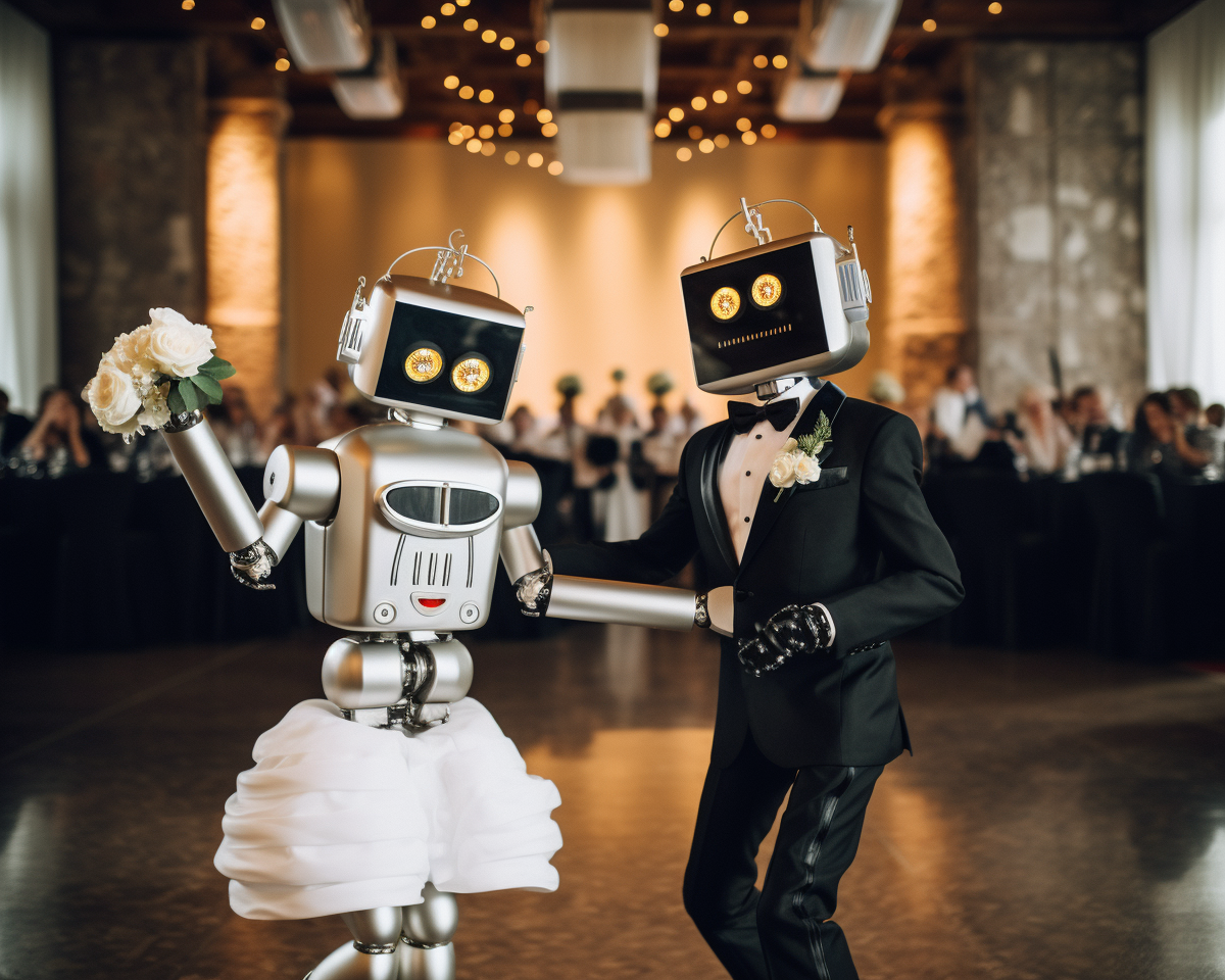 Classic AI robots, as a bride and groom taking inspiration from the beloved robot emoji, dancing gracefully for their wedding